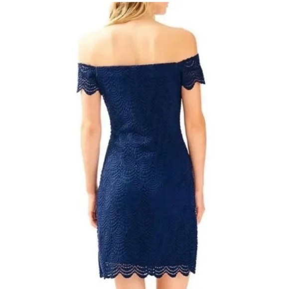 Lilly Pulitzer Jade Dress In True Navy Scalloped Shell Lace Size S Off Shoulder - Picture 2 of 5